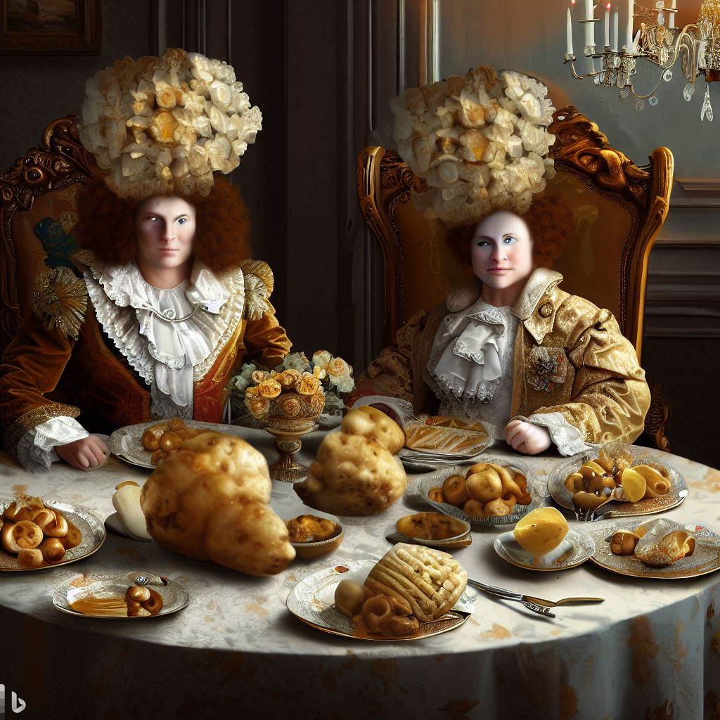Create an image of a lavishly set dining table from the 18th-century France, with a focus on dishes made of potatoes, perhaps even showing Marie Antoinette and King Louis XVI wearing potato flowers.