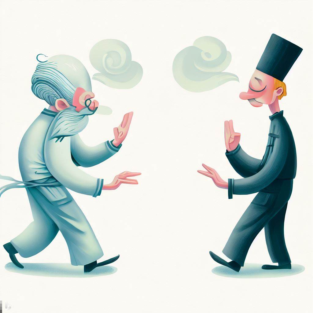 An illustration of a whimsical Tai Chi master and a chef, side by side, each mirroring the other's slow and thoughtful movements.