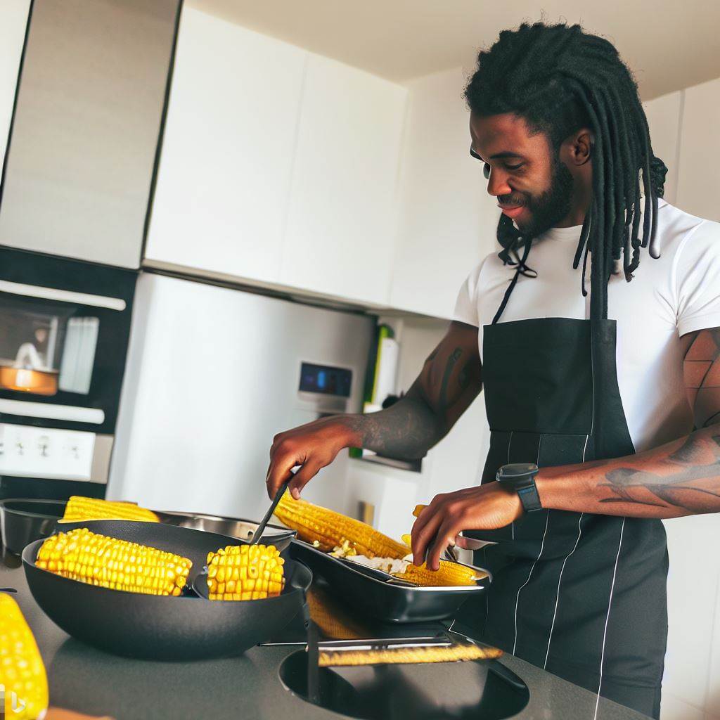 A photo of a handsome lean black English man with dreadlocks cooking corn-based dishes in a modern kitchen, embodying the fusion of food and technology.