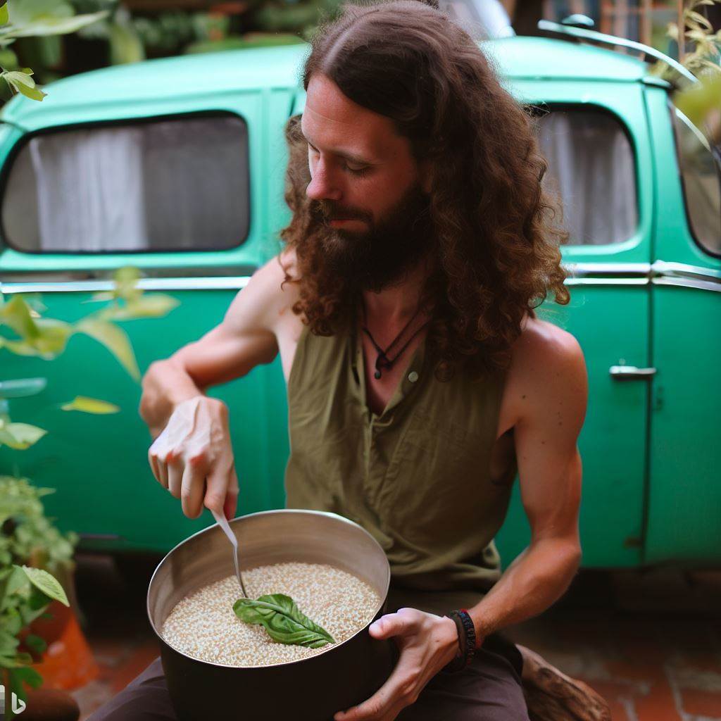 A photograph of me, Sebastian "Seb" Greenfield (a young white man with long wavy brown hair, goatee and mustache), cooking quinoa in a pot next to my green vintage VW van, Basil