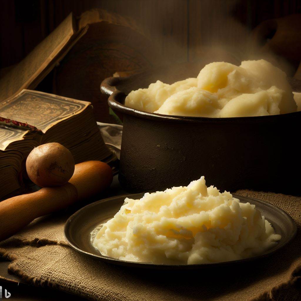 Create an image of freshly cooked mashed potatoes in a rustic setting, perhaps beside an old cookbook or historical kitchen artifacts, to signify the historical journey of this simple yet fascinating food item.