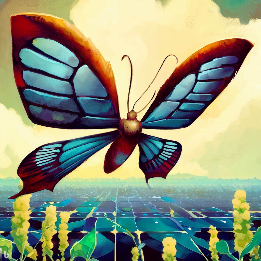 An artful illustration of a butterfly with solar panel wings, hovering over a field of quinoa.
