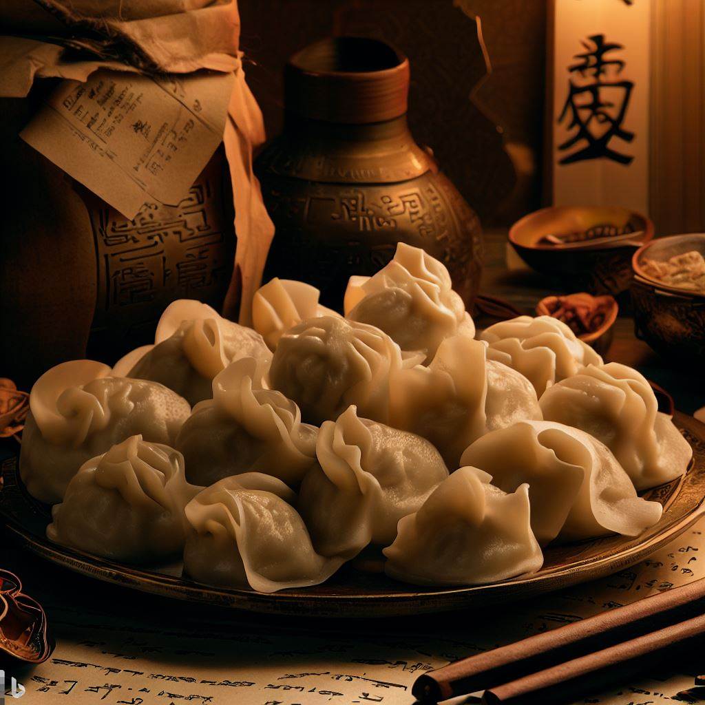 reate a compelling featured image that blends the themes of history and food, featuring an array of dumplings and ancient texts or scrolls in the background.