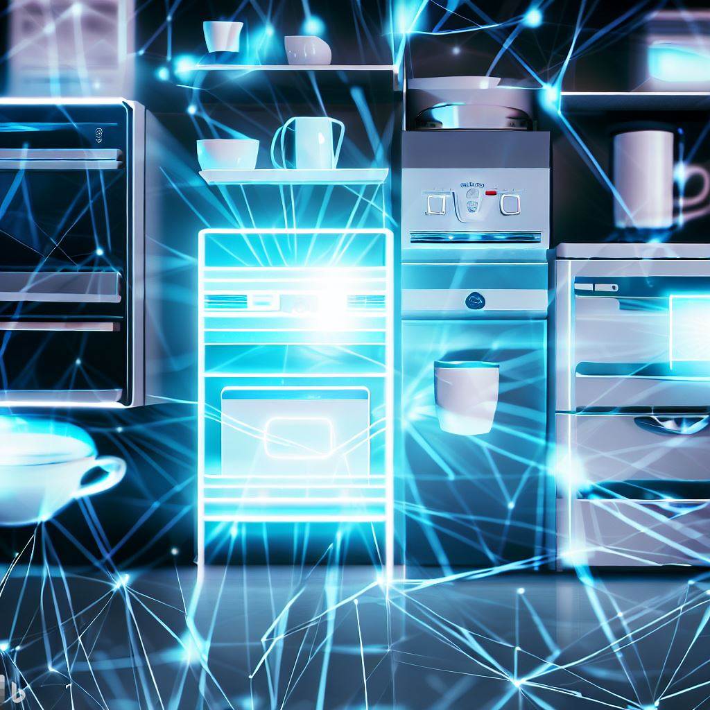 An interactive web of smart kitchen appliances like a refrigerator, oven, and coffee maker connected by glowing blue data lines to a central smartphone.