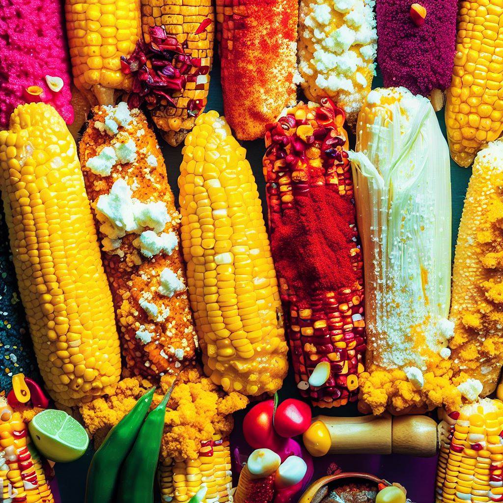 A vibrant photo of various Elote variations, decorated with an assortment of spices, cheeses, and chilies.