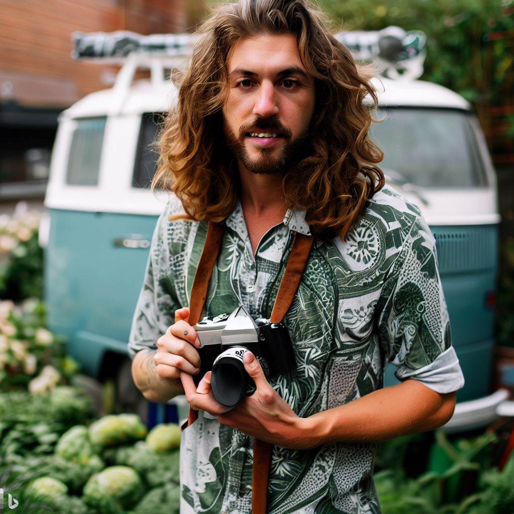 Create a portrait of Sebastian 'Seb' Greenfield, a 32-year-old professional photographer with wavy brown hair and eco-friendly glasses. He's wearing a recycled fabric shirt and a bandana. In one hand, he holds a vintage camera; in the other, a recycled spork. He stands in front of his 1960s VW van, 'Basil,' parked in an urban setting with edible plants. His aura radiates sustainability and passion for good food.
