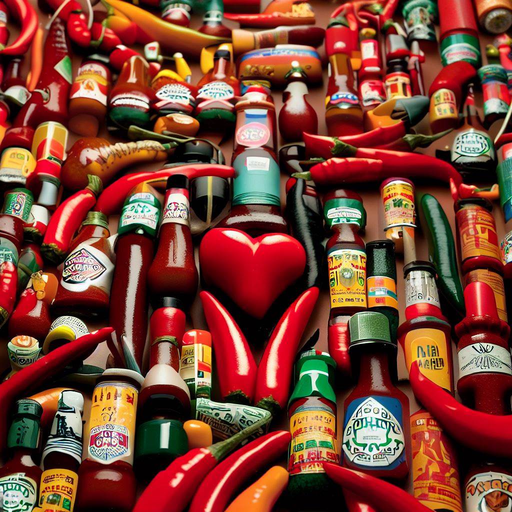 Create an image featuring a collection of different hot sauce bottles from around the world, representing the universal love for chiles.