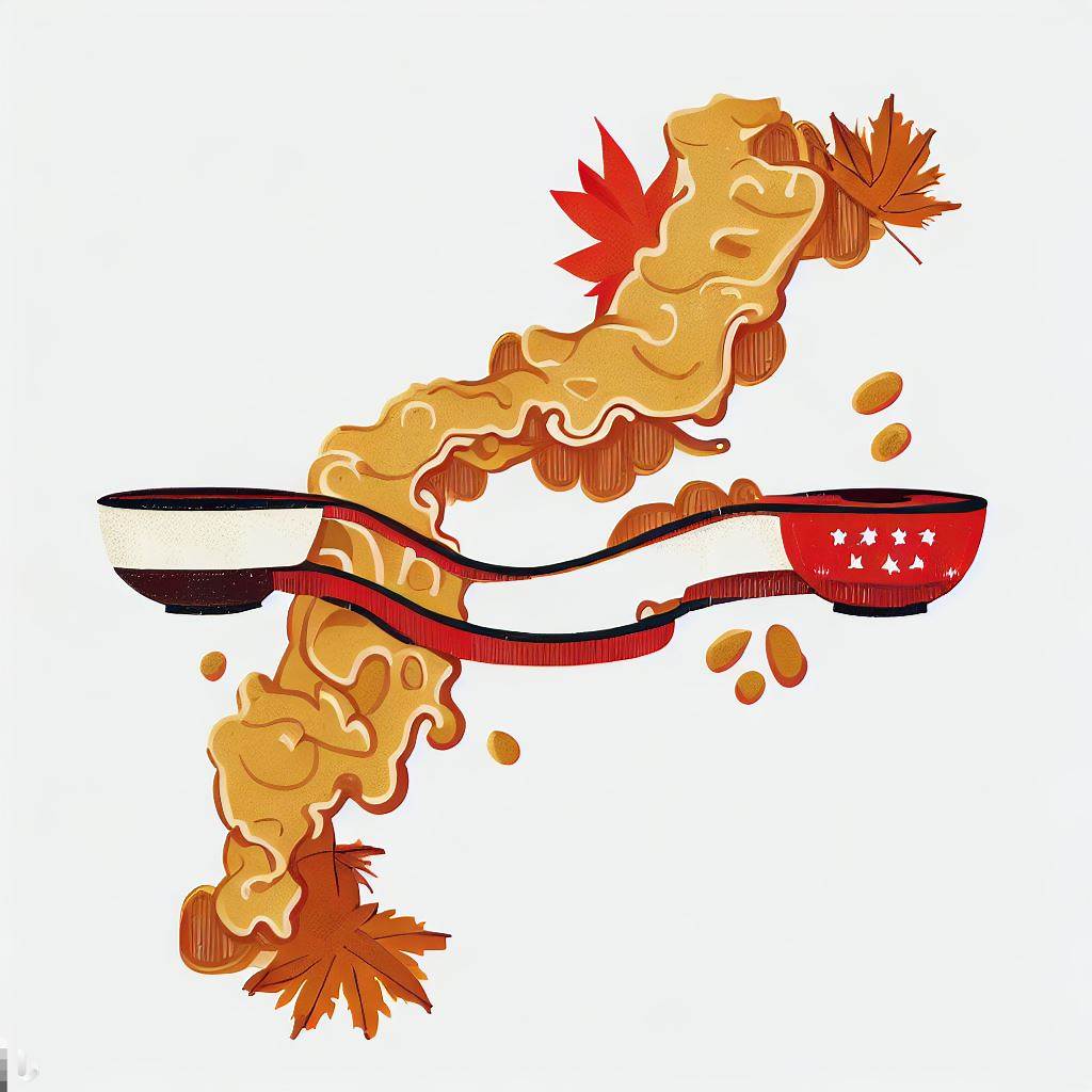 An illustrated map featuring Japan and New England, linked by a stylized bridge made of miso soup and maple leaves.