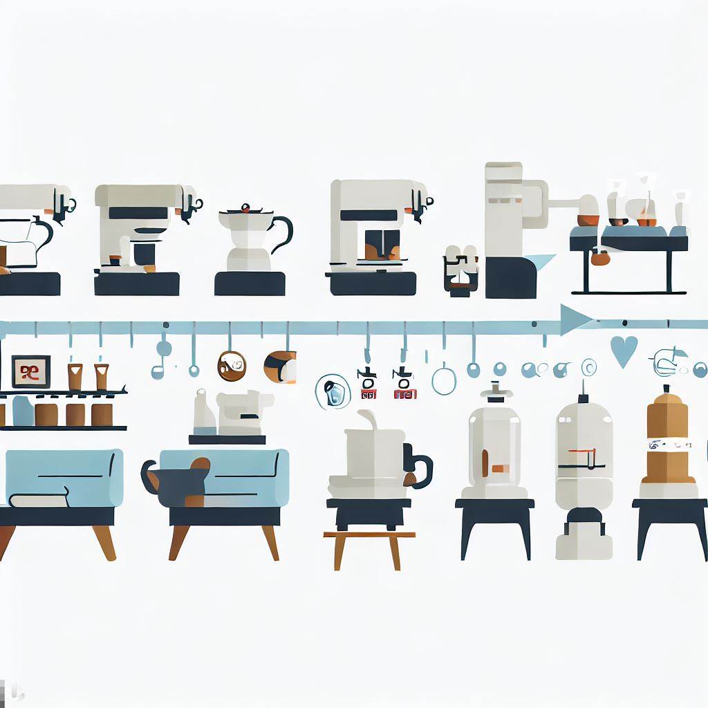 A timeline showcasing the evolution of coffee shop aesthetics, starting from the traditional Italian espresso bars to modern third-wave coffee shops with minimalist decor and artisanal brews. Icons could include old-school espresso machines, contemporary art pieces, and sleek, modern furniture.