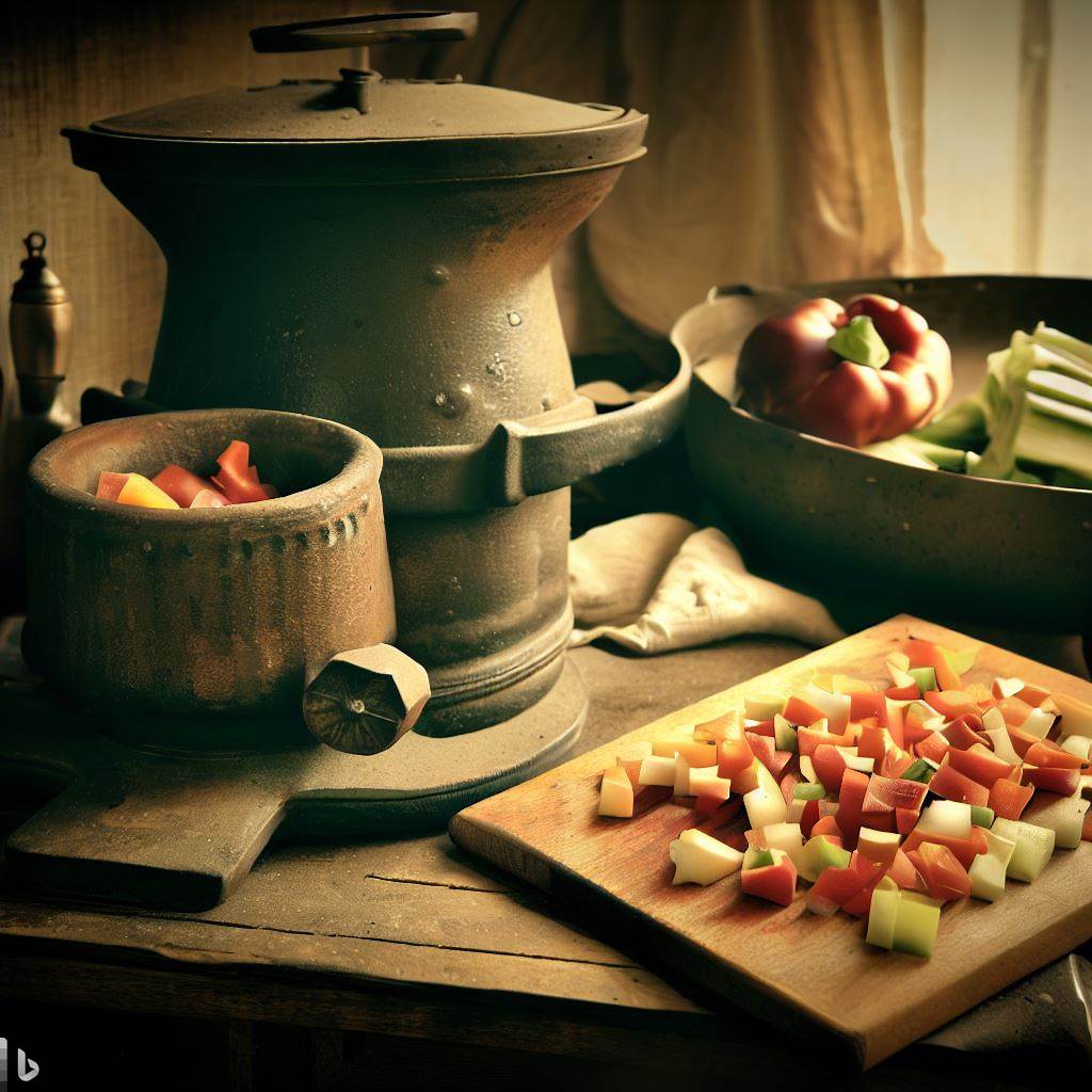 A vintage French kitchen scene, with elements like a wooden cutting board, an antique stovetop, and a bowl of freshly diced vegetables ready for making ratatouille.