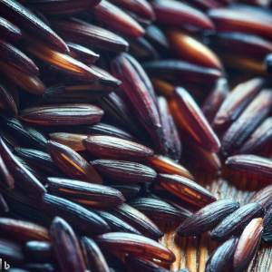 A close-up, highly detailed image of wild rice grains, showing their unique texture and color, laid on a wooden surface with a subtle watermark indicating that they use 70% less water than white rice.