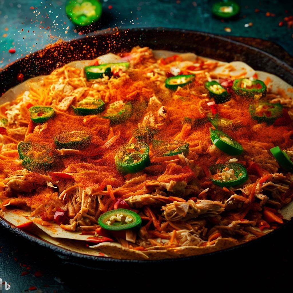 An inviting image of a skillet with spicy enchilada filling, showcasing the vibrant colors and textures of shredded chicken, chopped jalapeños, and spices. A sprinkle of chili powder is visible in the air.