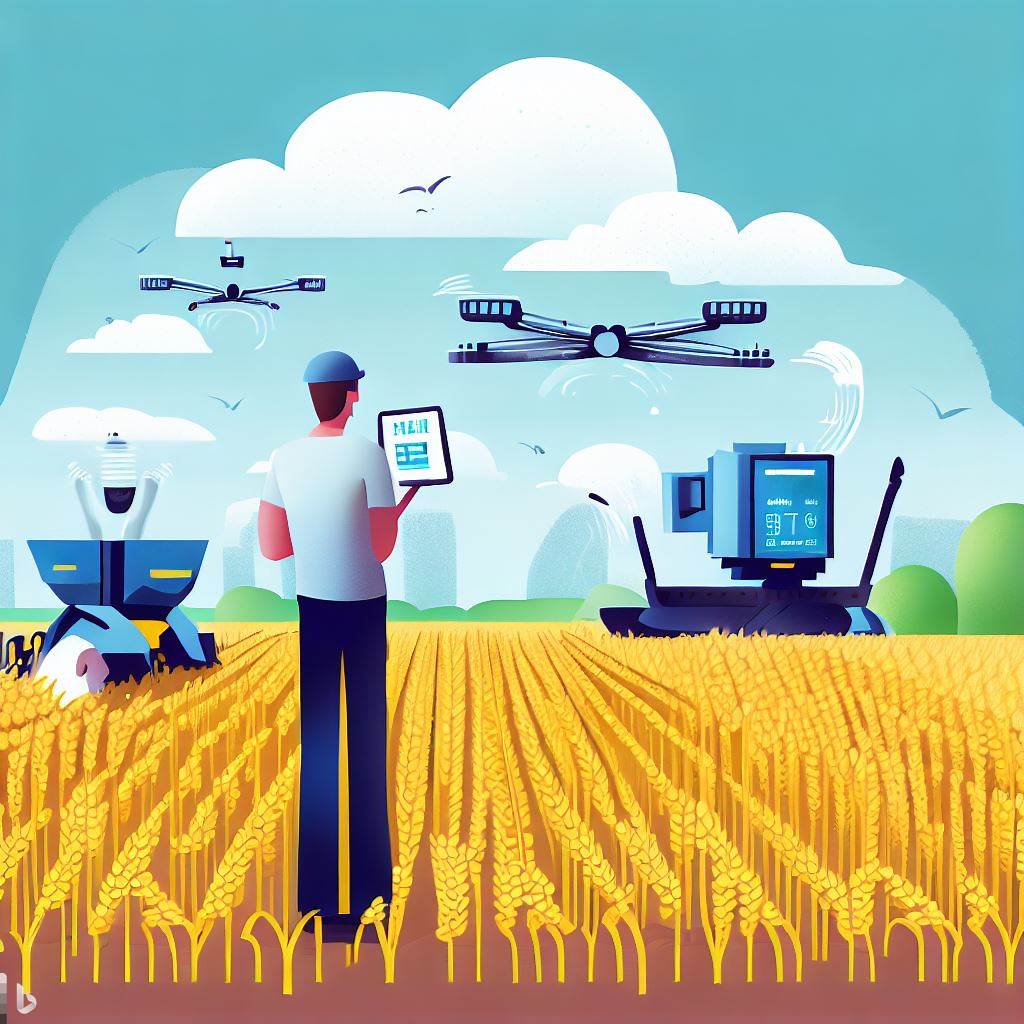 Illustration of a modern wheat farm using precision farming technology, featuring IoT sensors in the soil, drones surveying the fields, and a farmer looking at real-time data on a tablet.