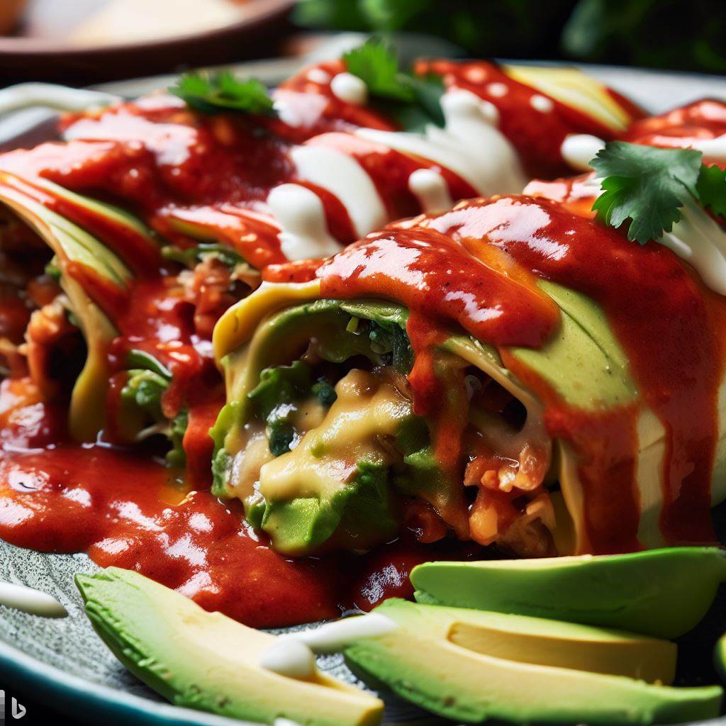 A vibrant and mouth-watering photo of enchiladas plated on a rustic wooden table, garnished with red and green enchilada sauce, fresh cilantro, and a side of lime wedges. The background subtly includes Mexican cultural elements like a serape and pottery.